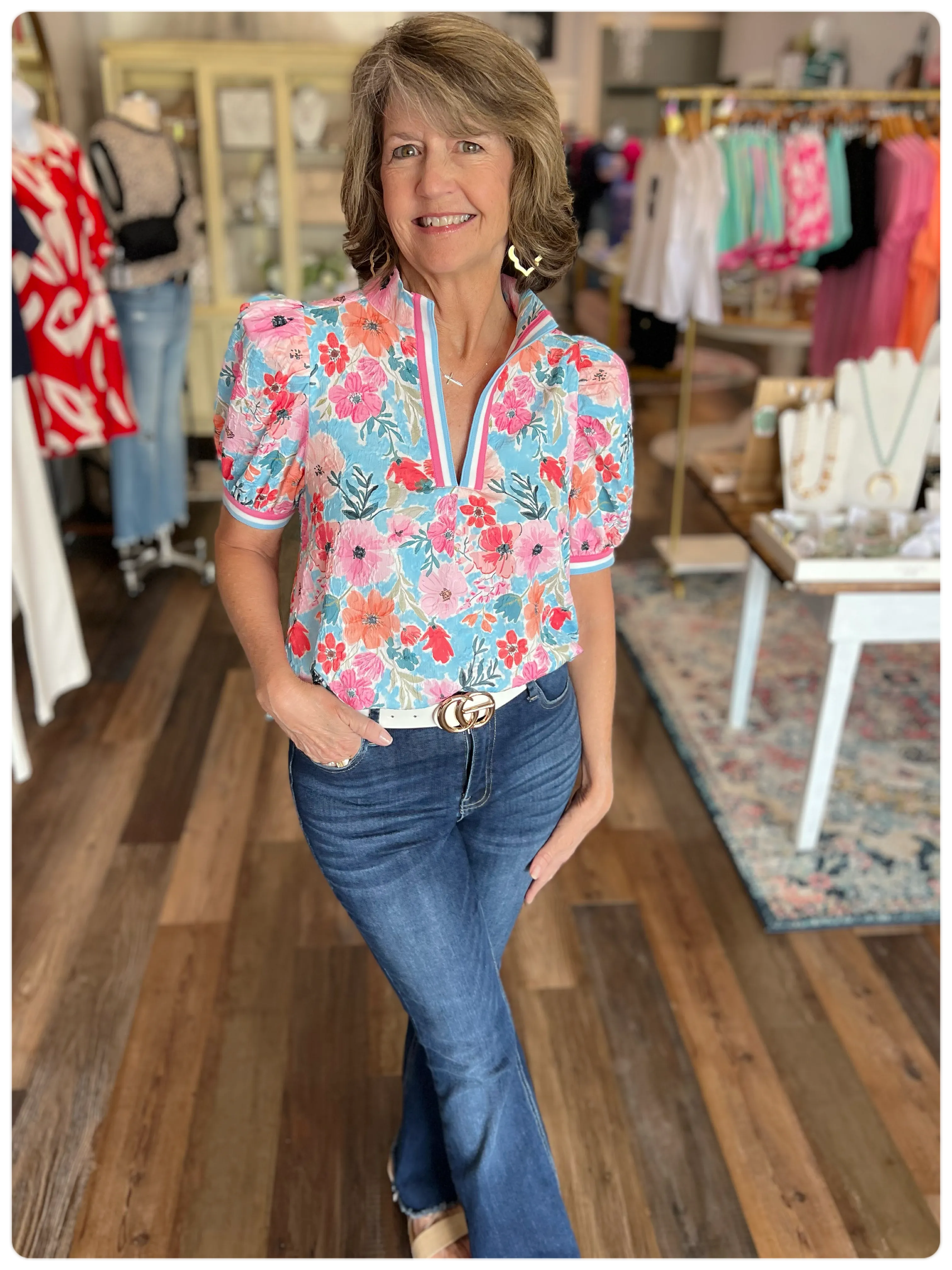 Floral High-Collar Split Neck Blouse