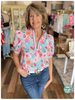 Floral High-Collar Split Neck Blouse