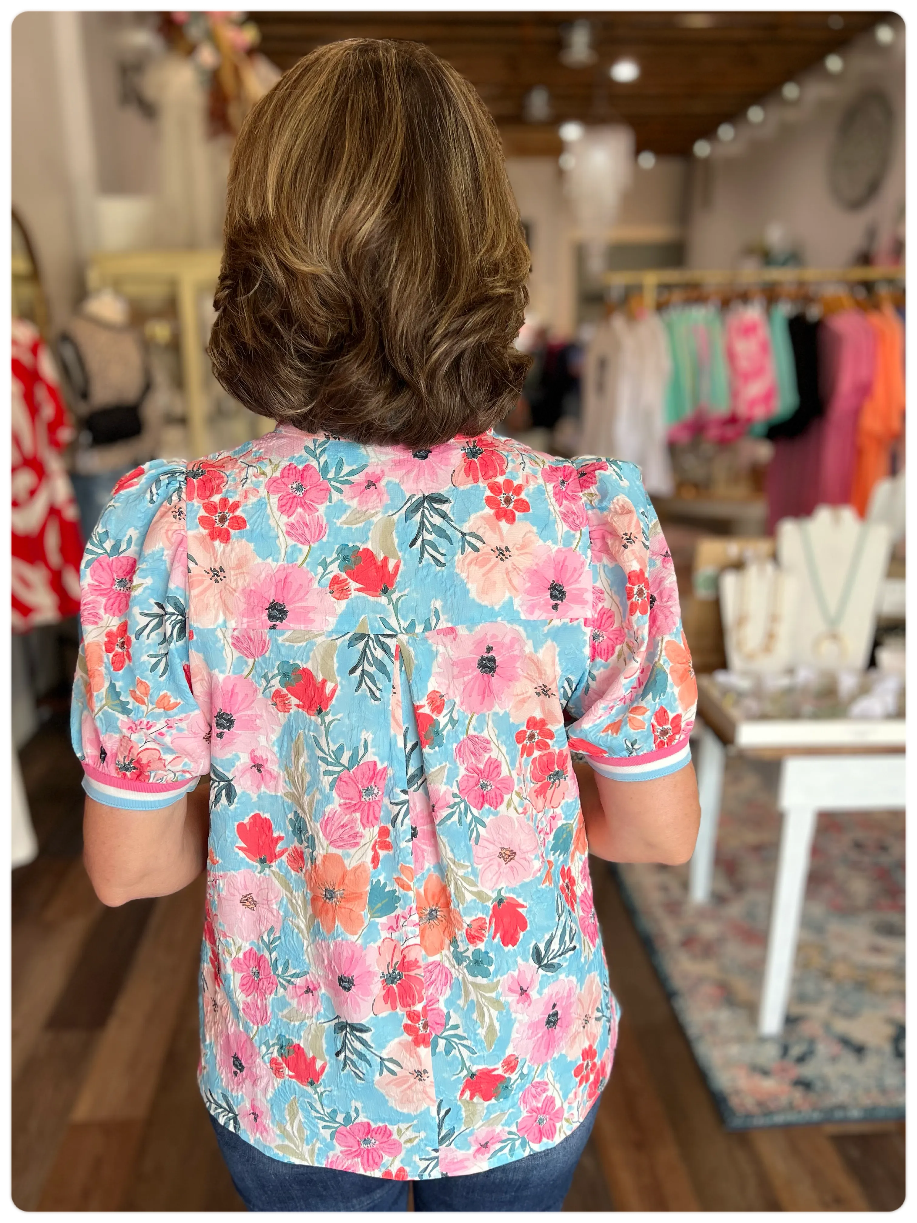 Floral High-Collar Split Neck Blouse