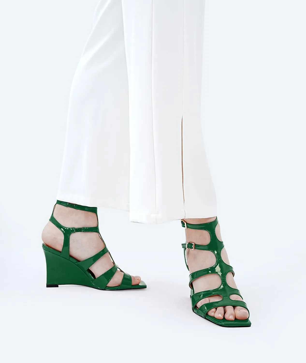 Oh Mispares Gladiator Sandals for Women Square Open Toe T-Strap Wedge Sandals Two Buckle Ankle Strap Heeled Strappy Heels Party Dressy Summer