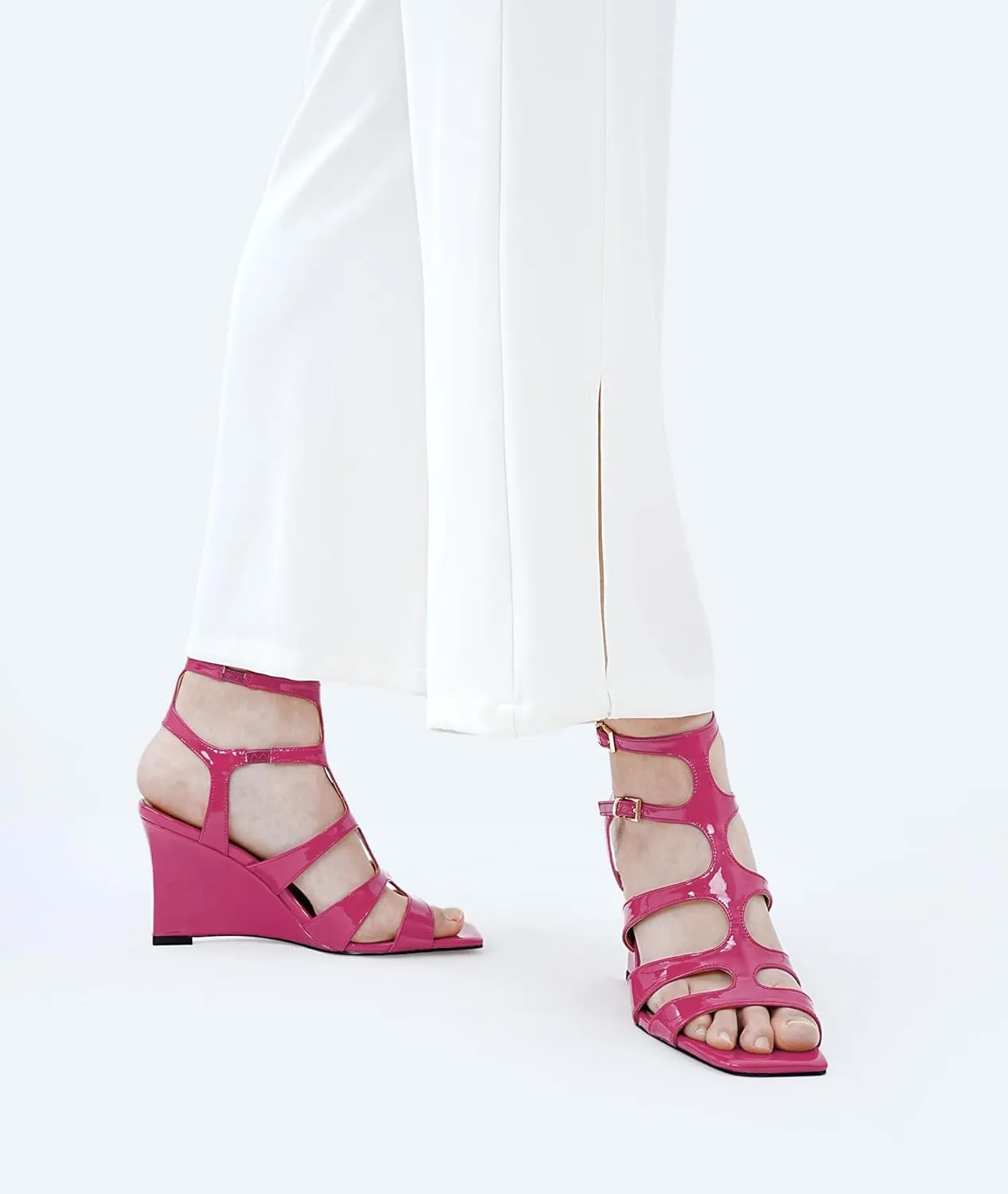 Oh Mispares Gladiator Sandals for Women Square Open Toe T-Strap Wedge Sandals Two Buckle Ankle Strap Heeled Strappy Heels Party Dressy Summer