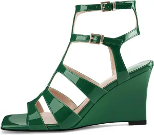 Oh Mispares Gladiator Sandals for Women Square Open Toe T-Strap Wedge Sandals Two Buckle Ankle Strap Heeled Strappy Heels Party Dressy Summer