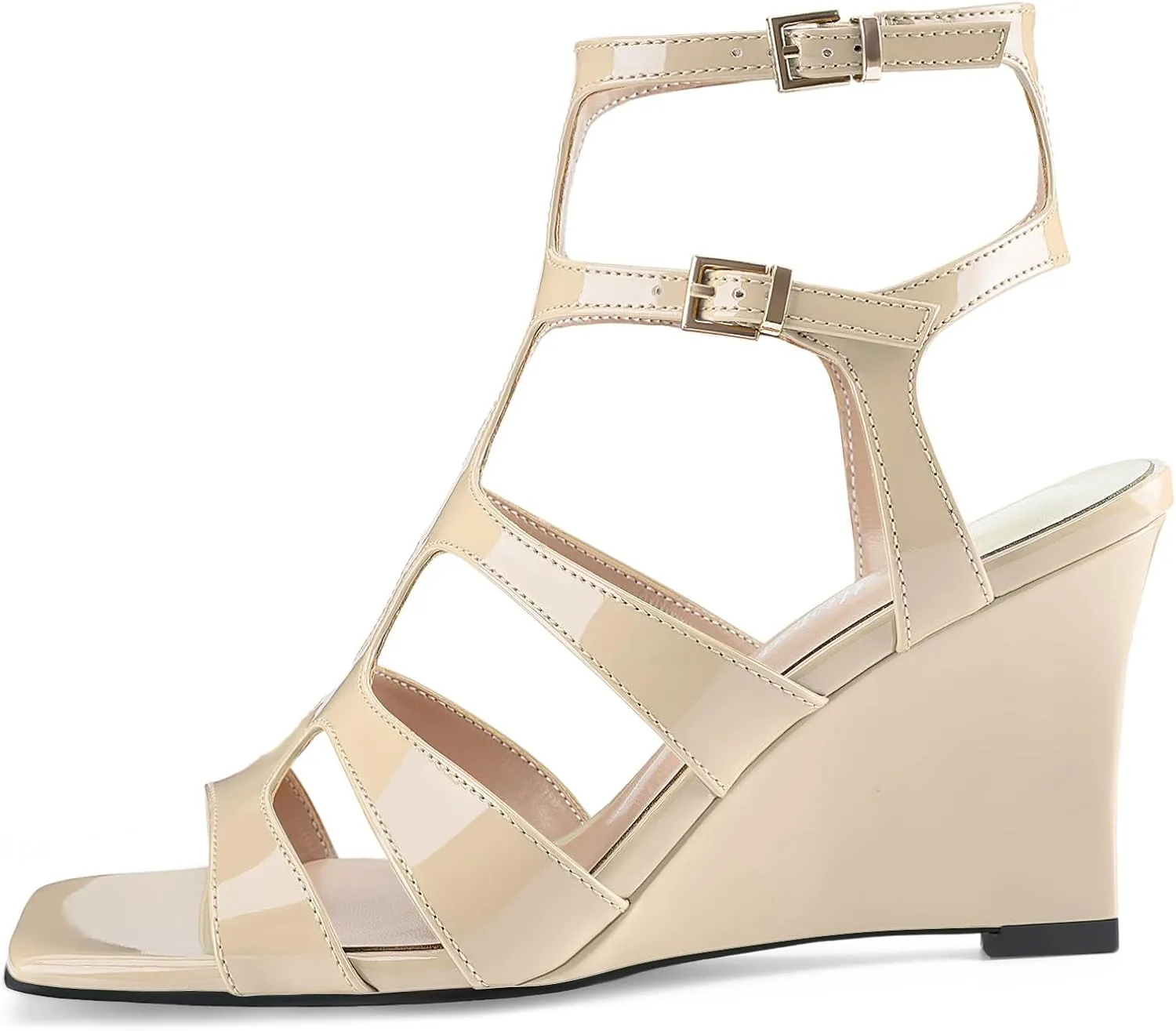 Oh Mispares Gladiator Sandals for Women Square Open Toe T-Strap Wedge Sandals Two Buckle Ankle Strap Heeled Strappy Heels Party Dressy Summer