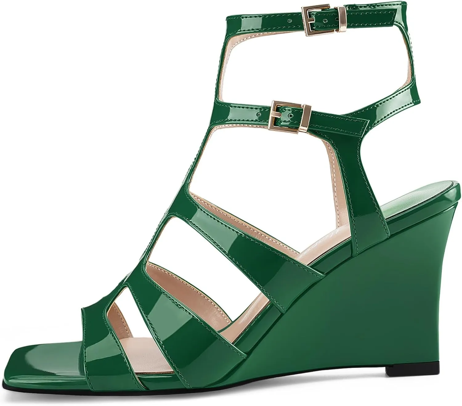 Oh Mispares Gladiator Sandals for Women Square Open Toe T-Strap Wedge Sandals Two Buckle Ankle Strap Heeled Strappy Heels Party Dressy Summer